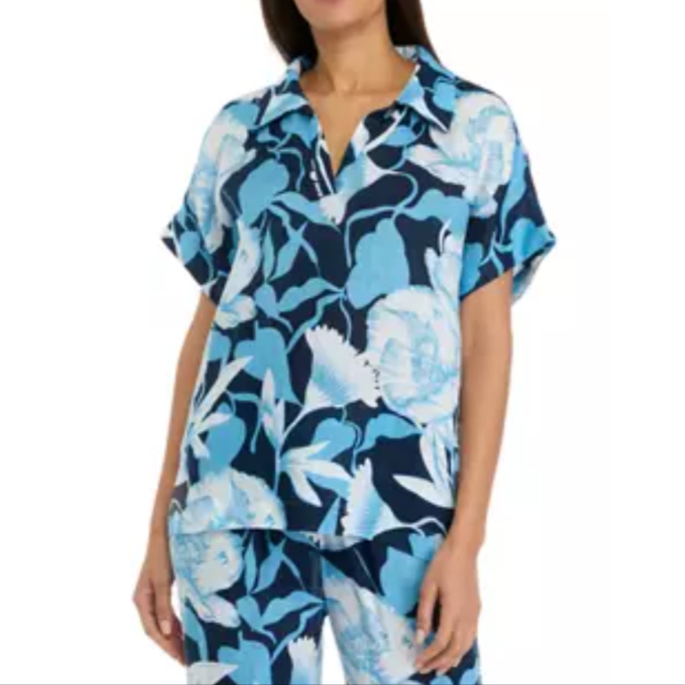 Elie Tahari Blue Floral Split Neck Collared Linen Blouse‎ 2X